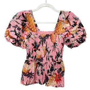 Farm Rio Sz XS Pink Pineapple Smocked Eyelet Top Puff Sleeves